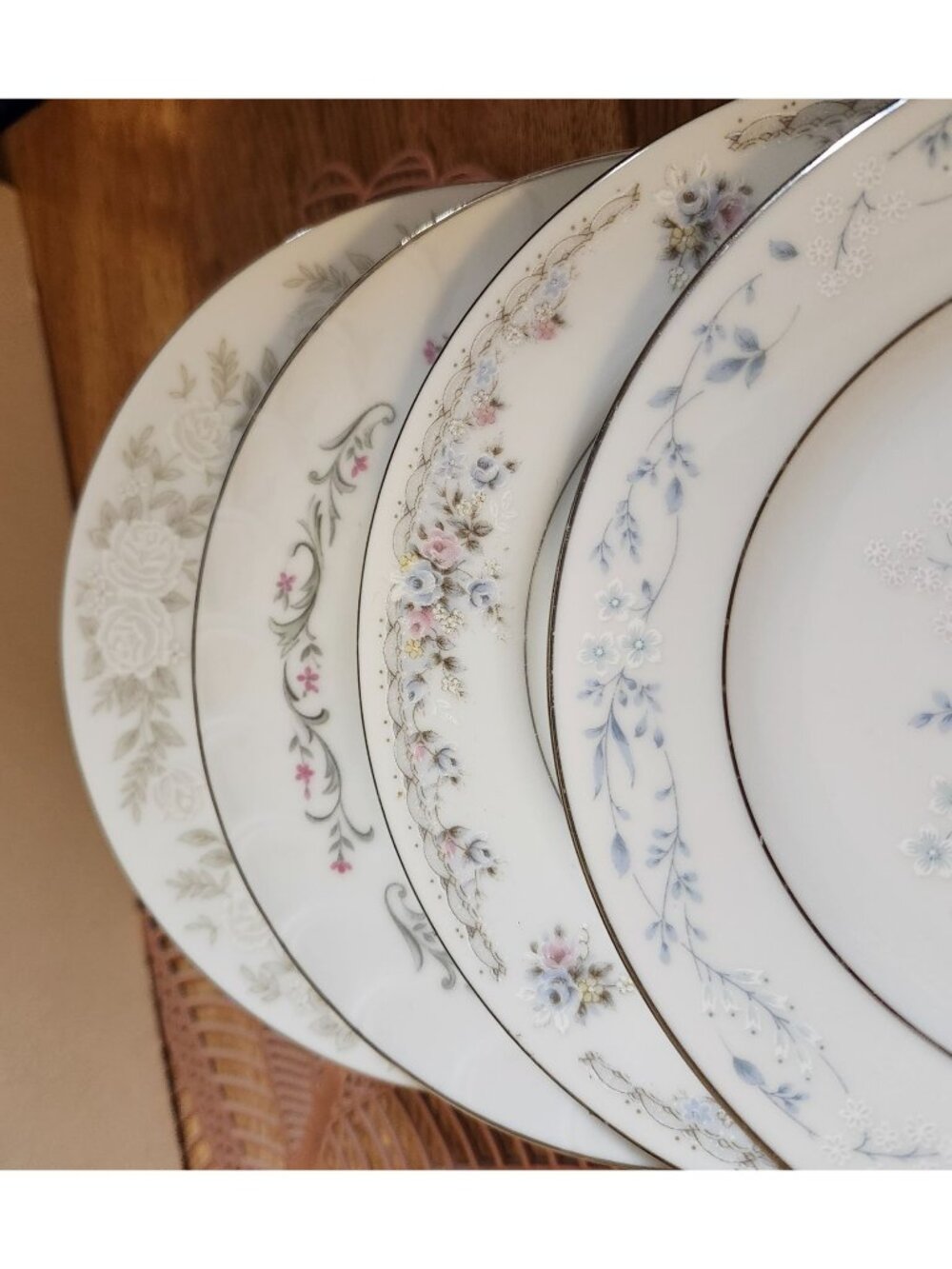 4- Mismatched Floral Silver Rim Fine China Dessert Cake Plates ~6.25" Porcelain